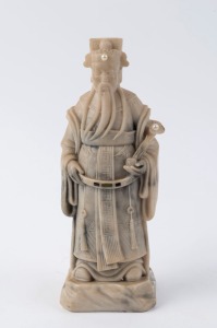 A Chinese statue of a sage, carved soapstone inlaid with pearls and stones, late Qing Dynasty, ​26cm high