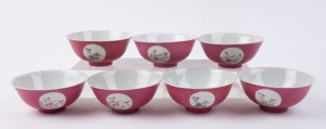 Set of seven Chinese porcelain bowls decorated with lotus and spring flowers, Republic period, iron red four character Guangxi mark, 5.5cm high, 12.5cm diameter