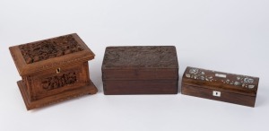 Three assorted antique Chinese wooden boxes including very detailed carved panels, mother of pearl floral inlay, and one with a carved scene of gift offerings to the Emperor, 19th century, the largest 18cm wide