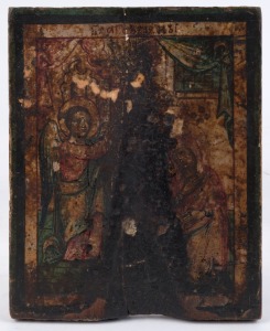 ICON: tempera on wooden panel, depucting the Annunciation, Russian, late 19th Century, 18 x 14.5cm.