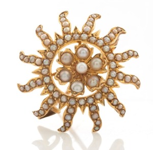 An antique sun brooch, yellow gold set with seed pearls, circa 1900, ​2.5cm wide, 4.4 grams