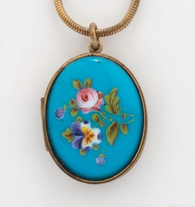 LIMOGES antique French enamel porcelain locket in gilded silver mount, 19th century, later chain, ​the locket 4cm high