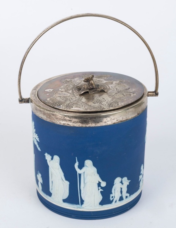 WEDGWOOD dark blue jasper ware biscuit barrel with silver plated mounts, 19th century, impressed "Wedgwood", ​22cm high, 13.5cm diameter