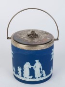 WEDGWOOD dark blue jasper ware biscuit barrel with silver plated mounts, 19th century, impressed "Wedgwood", ​22cm high, 13.5cm diameter - 2