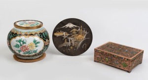 Two Chinese enamel boxes together with a Japanese silver inlaid plaque, (3 items), the plaque 12cm diameter