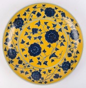 A Chinese blue and white floral porcelain bowl with yellow overlay ground, 20th century, 36.5cm diameter