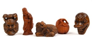 Five assorted netsuke, carved boxwood, some with glass eyes, 20th century, ​the largest 6cm high