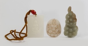 Two carved mutton jade Guanyin ornaments and a carved celadon jade lotus pod ornament, (3 items). Note a similar lotus pod piece was sold at Sotheby’s Auctions, London, England, 5th November 2008 lot 116. the largest 9cm long