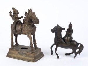 Two cast bronze statues of horses and riders, 19th century, ​the larger 19cm high