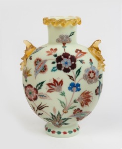 An English antique glass mantel vase with floral enamel decoration, 19th century, 26cm high