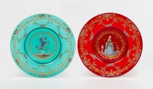 A pair of ruby and green Murano glass plates with gilt and enamel decoration, 20cm diameter