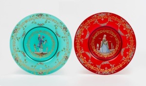 A pair of ruby and green Murano glass plates with gilt and enamel decoration, ​​​​​​​20cm diameter