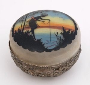 A Chinese silver mounted Art Deco glass powder bowl with hand-painted top, circa 1920s, ​​​​​​​8cm high, 12cm diameter