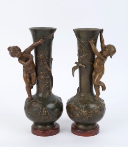 A pair of antique French figural bronze vases on rouge marble plinths, late 19th century, signed "L. & J. Moreau" 29.5cm high