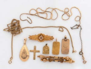 A 24ct gold ingot pendant (5 grams), two antique 9ct gold brooches, four 9ct gold pendants and two 9ct gold chains (20 grams), ​​​​​​​25 grams total weight