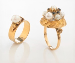 Two 9ct gold lady's rings set with pearls and sapphires, 6.9 grams total