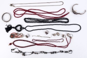 Six assorted bead necklaces and assorted silver bracelets, bangle, necklaces, rings and earrings, (18 items),