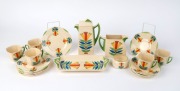 ROYAL DOULTON "Mecca" pattern English porcelain tea ware, circa 1920s, comprising a teapot, milk jug, sugar bowl, sandwich tray, 5 cups, 5 saucers and 6 side plates, stamped "Royal Doulton, England, Mecca", the teapot 20.5cm high