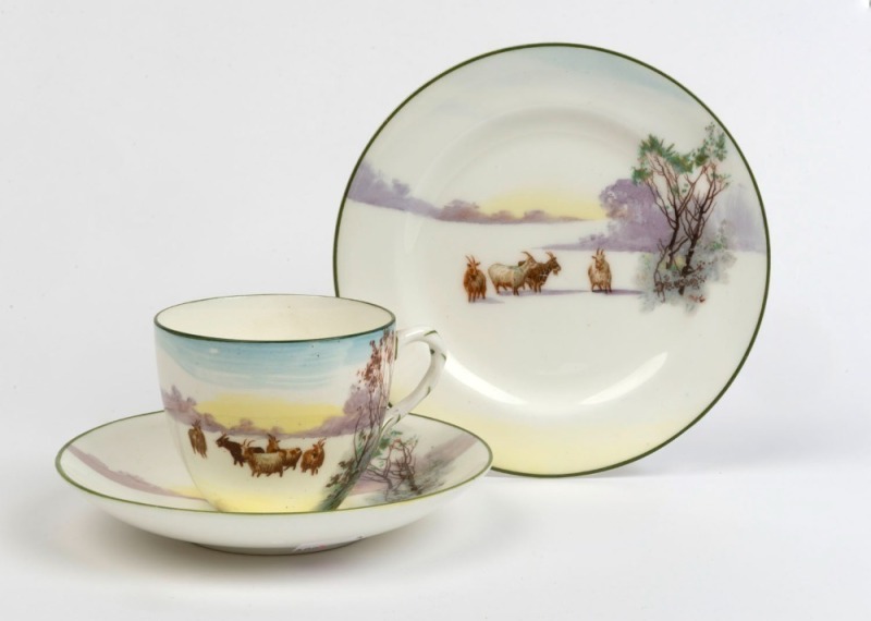 ROYAL DOULTON "Goats In Snow", English porcelain teacup, saucer and plate set. circa 1920