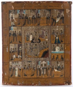 ICON: tempera on wooden panel, depicting the Resurrection in the central panel, surrounded by the Great Feasts of the Church, Russian, late 19th Century, 44.5 x 37.5cm.
