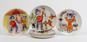 DESIMONE set of six Italian ceramic hand-painted plates, circa 1955, signed "Desimone, Italy", with original label "Made in Italy For Joseph Magnin", ​​​​​​​23cm diameter