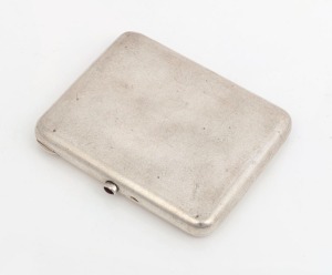 An antique Russian silver cigarette case with ruby clasp, stamped "875 A.O.", 11cm x 9cm, 180 grams
