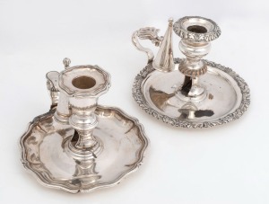 Two Georgian Sheffield plate chamber sticks with snuffers, 19th century, the larger 12cm hig, 18cm wide