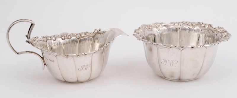 Sterling silver cream jug and sugar bowl, by Mappin Brothers of Sheffield, circa 1899, 8cm high, 14cm wide, 152 grams total