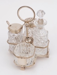 An antique sterling silver four bottle cruet set, Sheffield, circa 1887, 14.5cm high, 182 grams silver weight