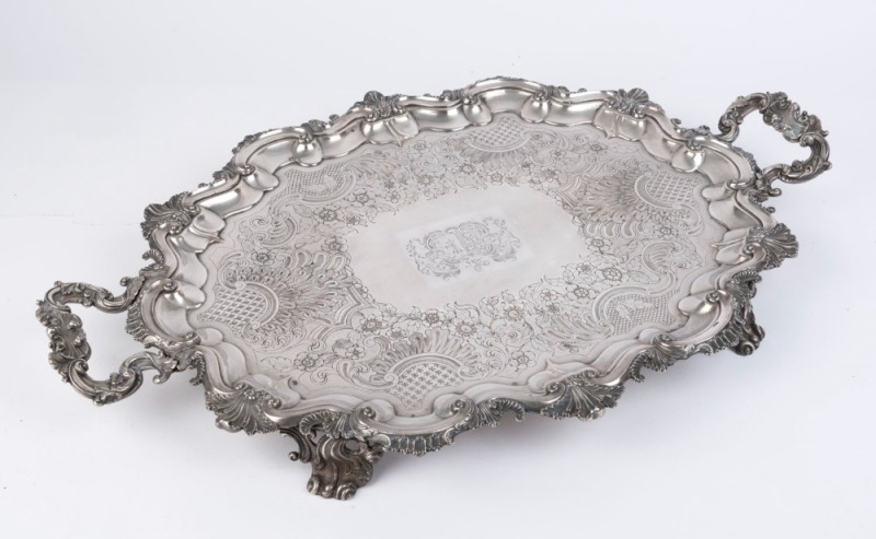 A Georgian Sheffield plate oval serving tray with engraved armorial crest, by T. & J. Creswick, circa 1811, 70.5cm across the handles