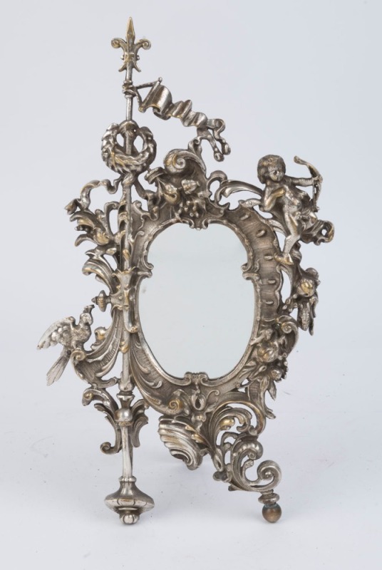 An antique table mirror, cast metal with silvered finish, 19th century, ​​​​​​​40.5 x 23cm