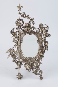 An antique table mirror, cast metal with silvered finish, 19th century, 40.5 x 23cm