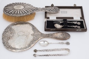 Silver brush and mirror, sugar tongs and Continental silver servers, (5 items), ​​​​​​​the mirror 26cm high