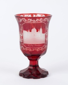 An antique Bohemian ruby overlay glass goblet with hand engraved architectural scenes titled "BORCETTE", "CATHEDRALE", and "LA FOUNTAINE ELISE", circa 1850, ​​​​​​​13cm high