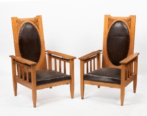 A pair of English oak Arts & Crafts Morris chairs, circa 1910, ​​​​​​​117cm high, 72cm across the arms