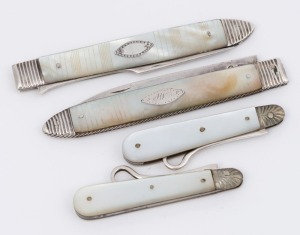 Georgian sterling silver and mother of pearl pocketknife and fork, together with a pair of sterling silver and mother of pearl pocket boot hooks, 19th century, (4 items), the largest 15cm long