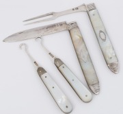 Georgian sterling silver and mother of pearl pocketknife and fork, together with a pair of sterling silver and mother of pearl pocket boot hooks, 19th century, (4 items), ​​​​​​​the largest 15cm long - 2