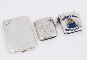 Two antique sterling silver vestas and a calling card case, (3 items) the largest 6.6cm wide, 64 grams total