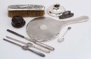 Assorted sterling silver and silver plated items including mirror, brush, lobster picks, marrow scoop, nail buff, ink pot and salt pot, 19th and 20th century, (8 items), the mirror 28cm high