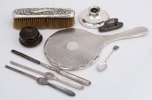Assorted sterling silver and silver plated items including mirror, brush, lobster picks, marrow scoop, nail buff, ink pot and salt pot, 19th and 20th century, (8 items), ​​​​​​​​​​​​​​the mirror 28cm high