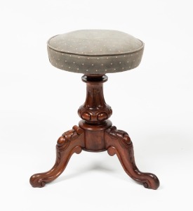 An antique English piano stool, carved walnut with revolving top, 19th century, ​​​​​​​50cm high, 33cm diameter