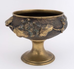 A Japanese bronze stemmed bowl with applied floral decoration, Meiji period, ​​​​​​​20cm high, 23cm diameter