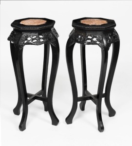 A pair of Chinese pedestals, carved wood with rouge marble tops, 20th century, ​​​​​​​76cm high