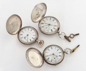 Three antique silver cased full hunter pocket watches, 19th century, ​​​​​​​the largest 7.5cm high overall