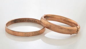 Two antique rose gold plated bangles, late 19th century, the circular example 7cm diameter