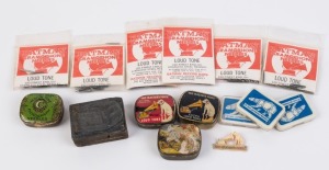 Assorted gramophone needles, tins, H.M.V. bakelite badge and pictorial printers block with Astor Mickey image