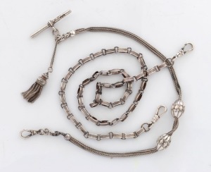 Two antique sterling silver watch chains, 19th and early 20th century, 49cm and 32cm long