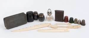 Assorted antique and vintage thimbles, Thai silver condiments, Georgian snuff box, antique vesta, four bone and ivory utensils, smelling salts and antique box, (12 items), the largest box 10cm wide