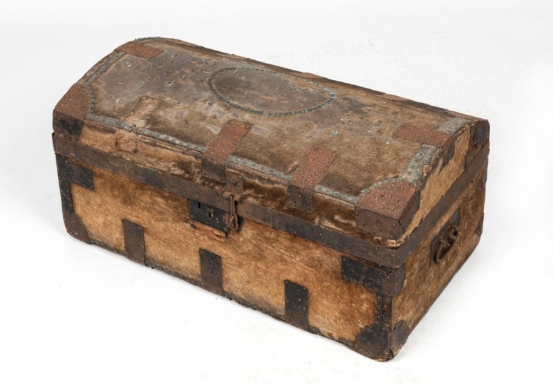 An antique domed topped trunk with metal bound cow hide covering, 19th century, 35cm high, 77cm wide, 43cm deep