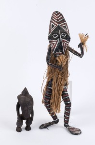 Two ancestor figures, one carved wood, the other woven nylon, wire, fibre and paint, Papua New Guinea, ​​​​​​​17cm and 46cm high